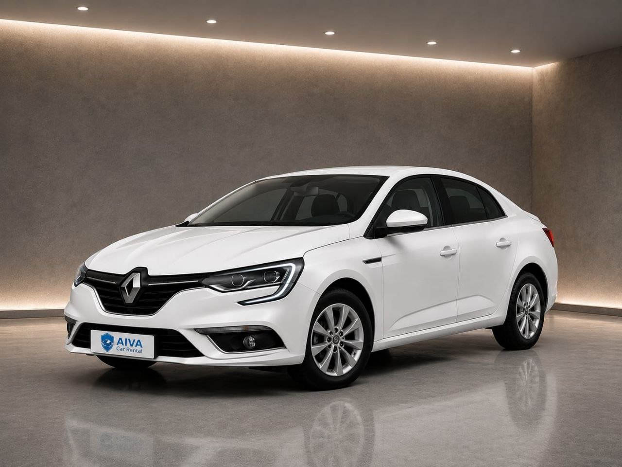 White Renault Megane sedan viewed from the front right angle