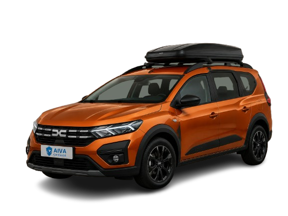 Önden üç çeyrek açıyla görülen turuncu 2024 Dacia Jogger; araçta siyah tavan kutusu ve siyah dış kaplama detayları bulunuyor.